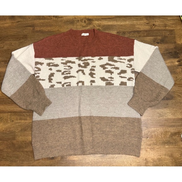 easel Sweaters - Easel Color Block‎ Sweater Leopard Print Knit Pullover Brown Beige Small